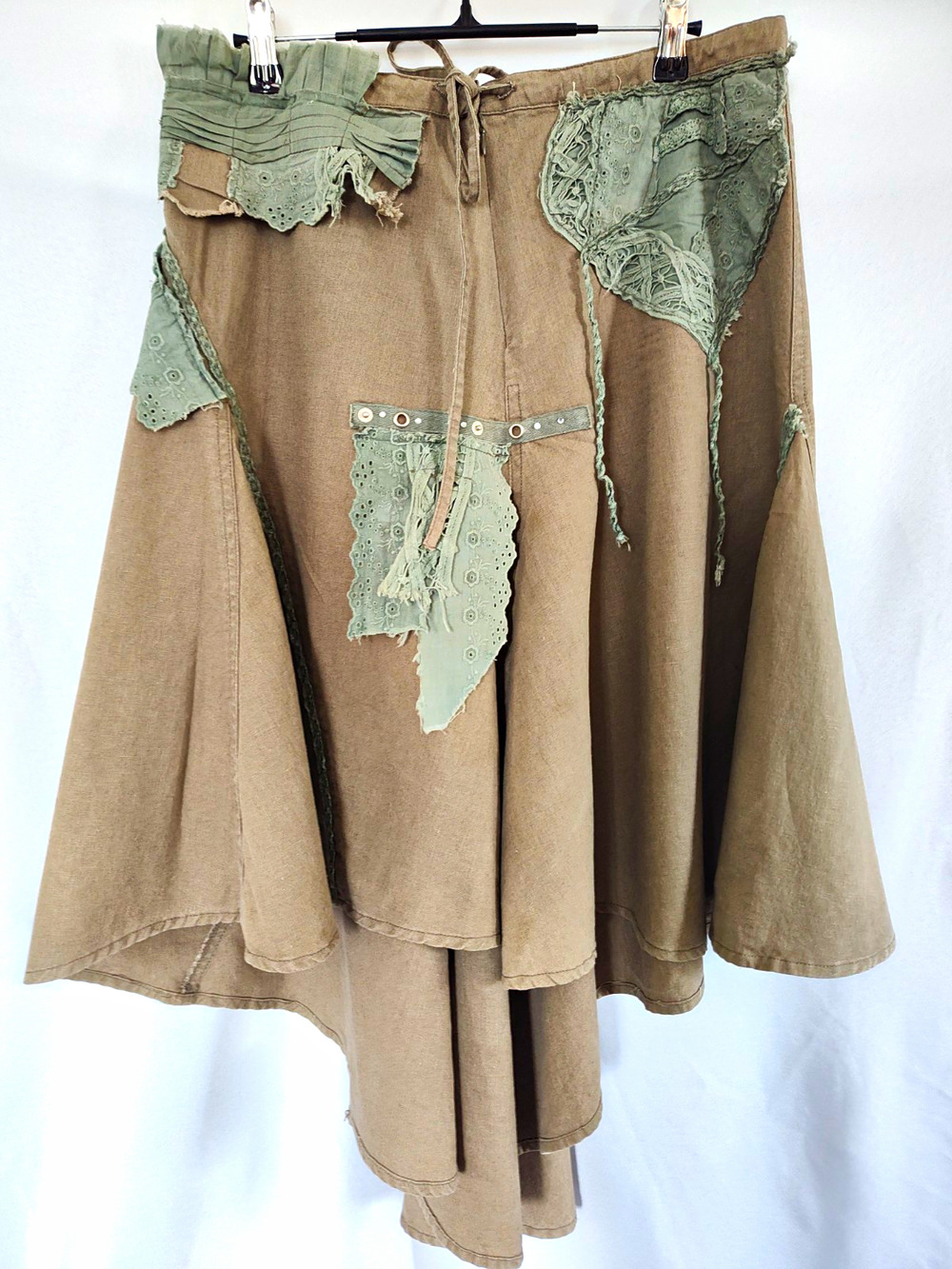 Scarlett M Beige Green Cotton Canvas Lace Eyelet Ruffle Asymmetrical Midi Skirt